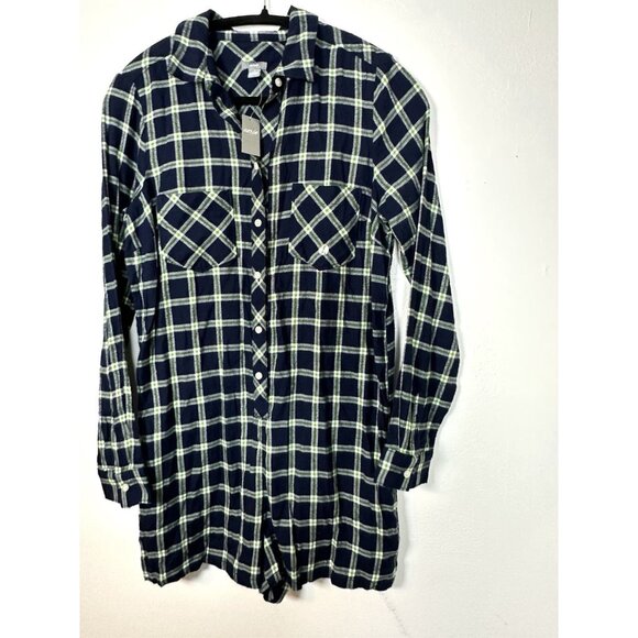 Aerie Women's Plaid Button Front Long Sleeve Romper Size Small NWT Blue Green - Picture 2 of 13